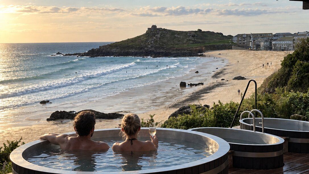 A couple relaxing in a wooden hot tub above Porthmeor Beach in St Ives at sunset, glass of fizz in hand, looking out over the surf towards the Island and St Nicholas Chapel